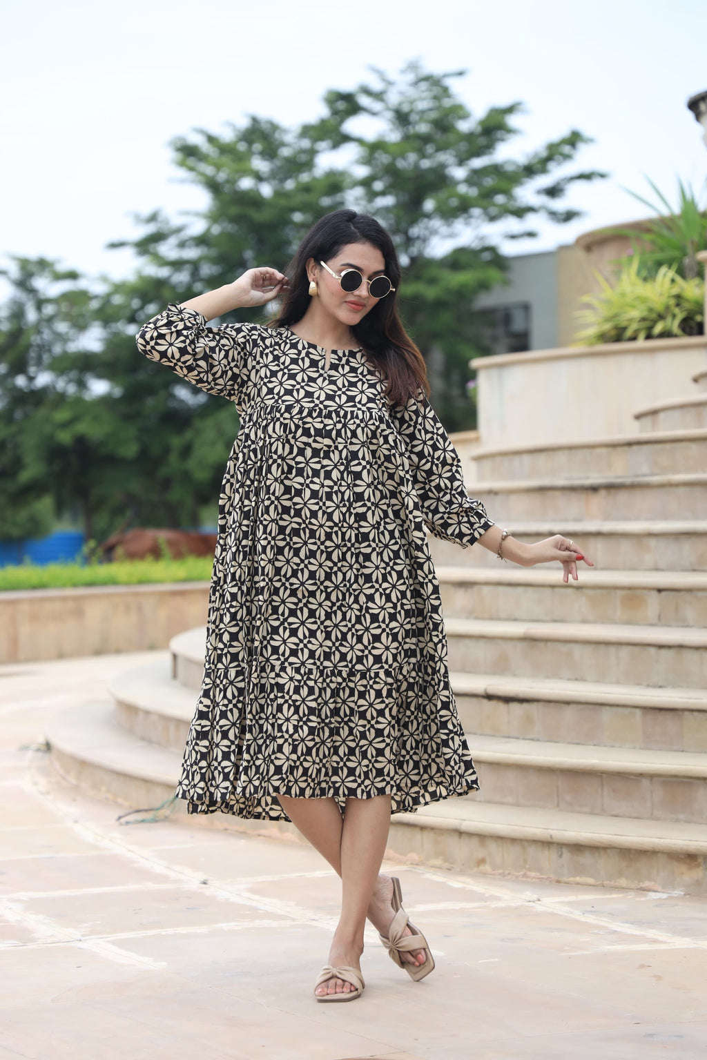 Handblock (Bagru print) Cotton Peplum dress