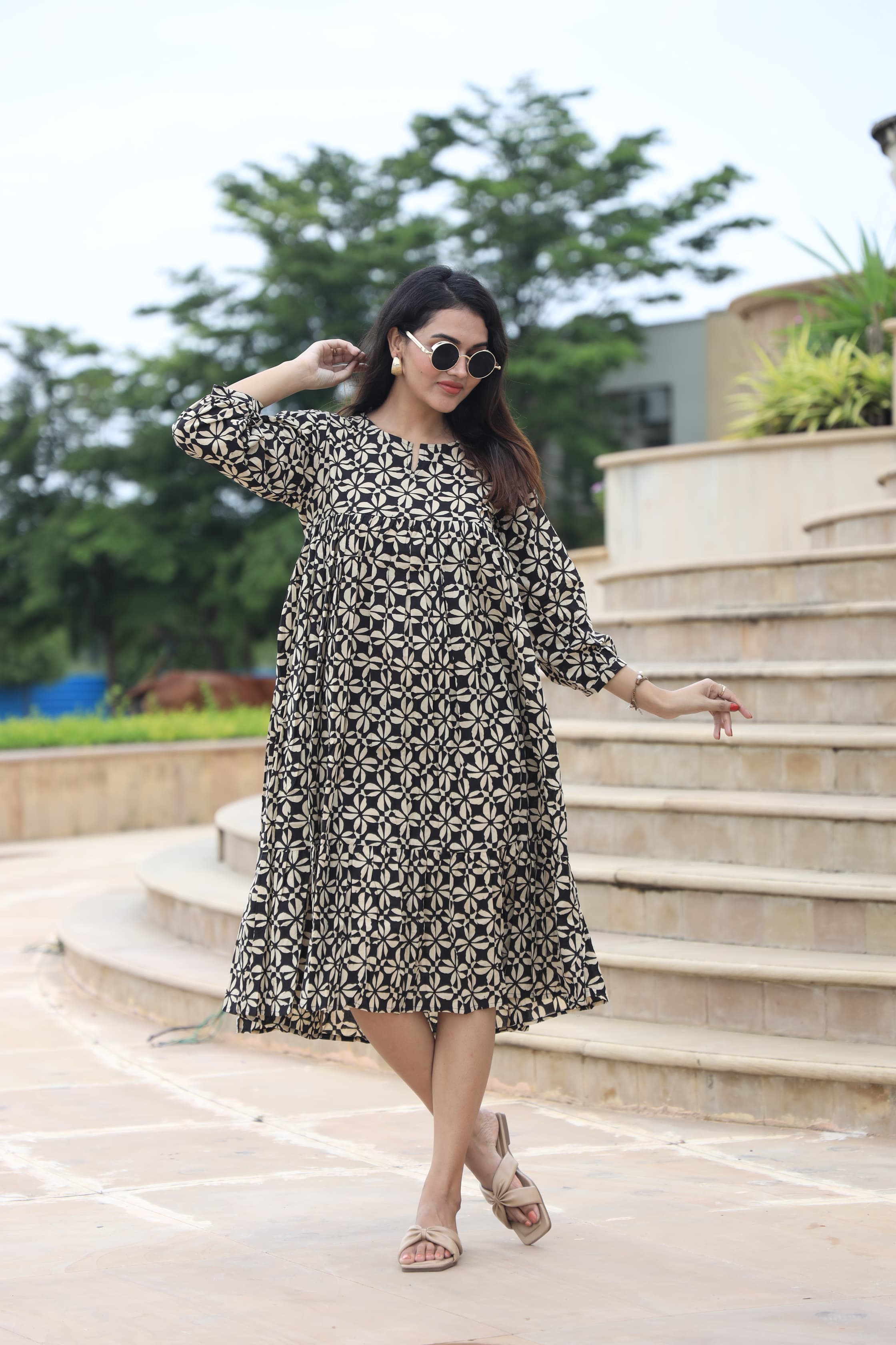 Handblock (Bagru print) Cotton Peplum dress