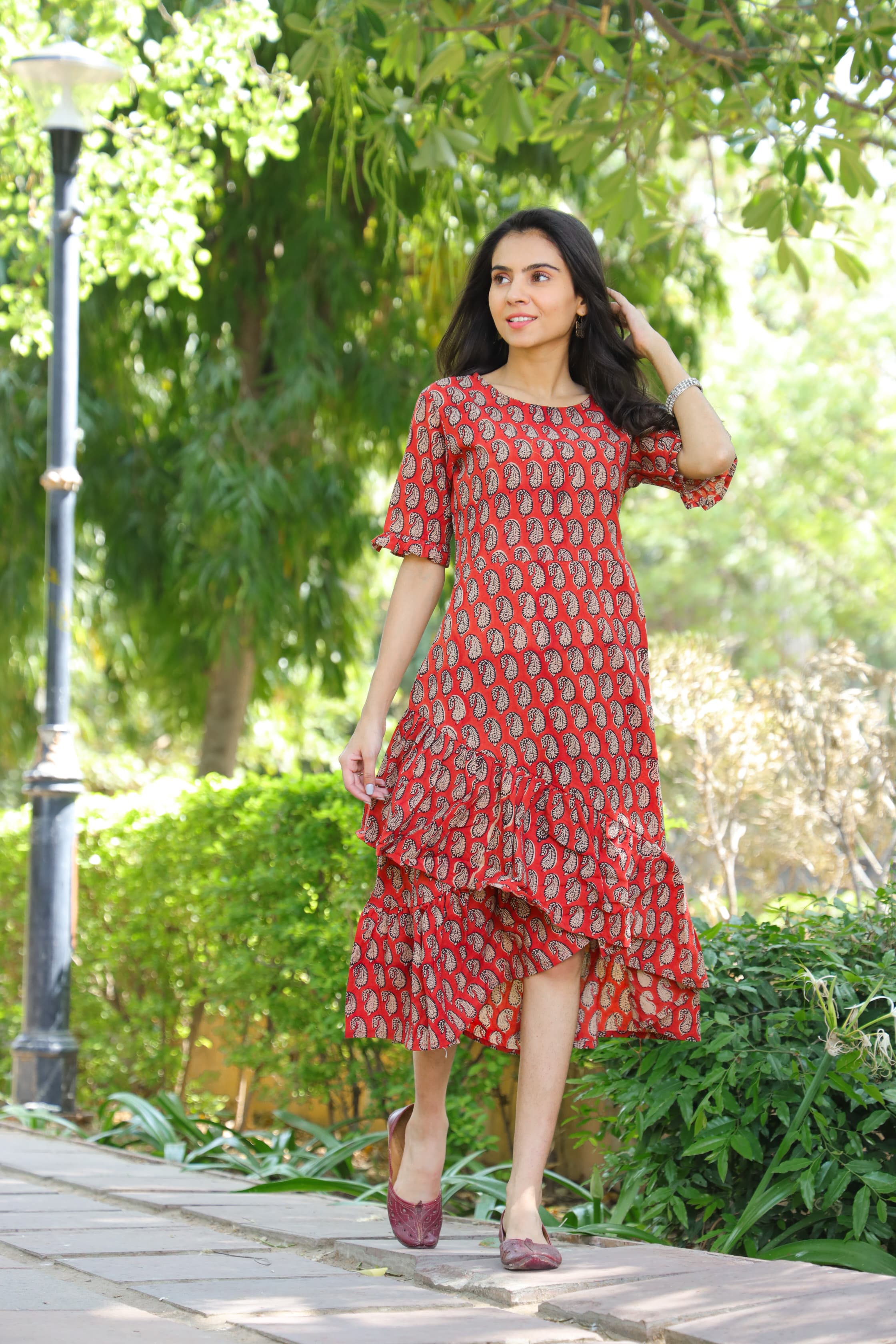 Handblock (Bagru print) Cotton frill dress