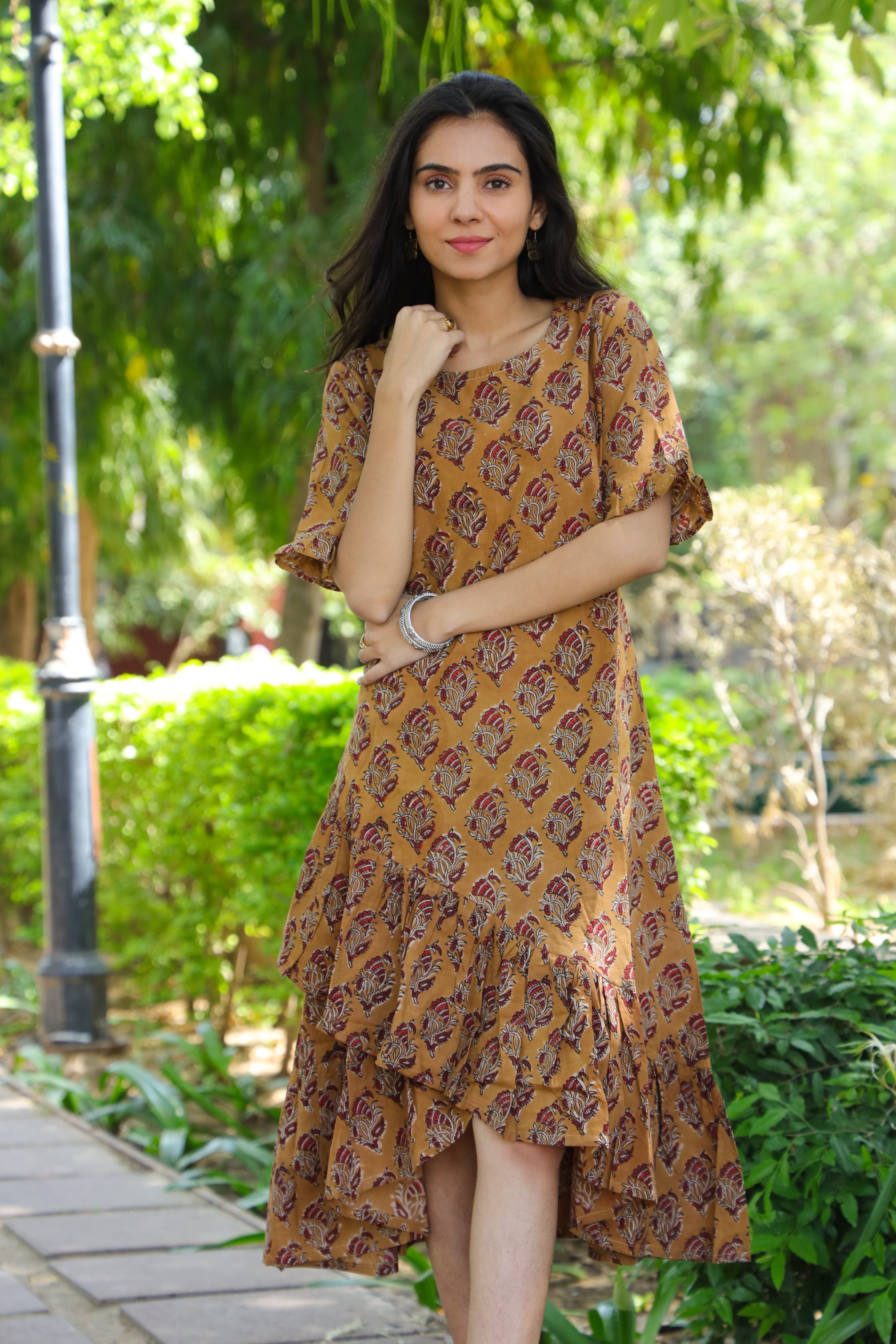 Handblock (Bagru print) Cotton frill dress