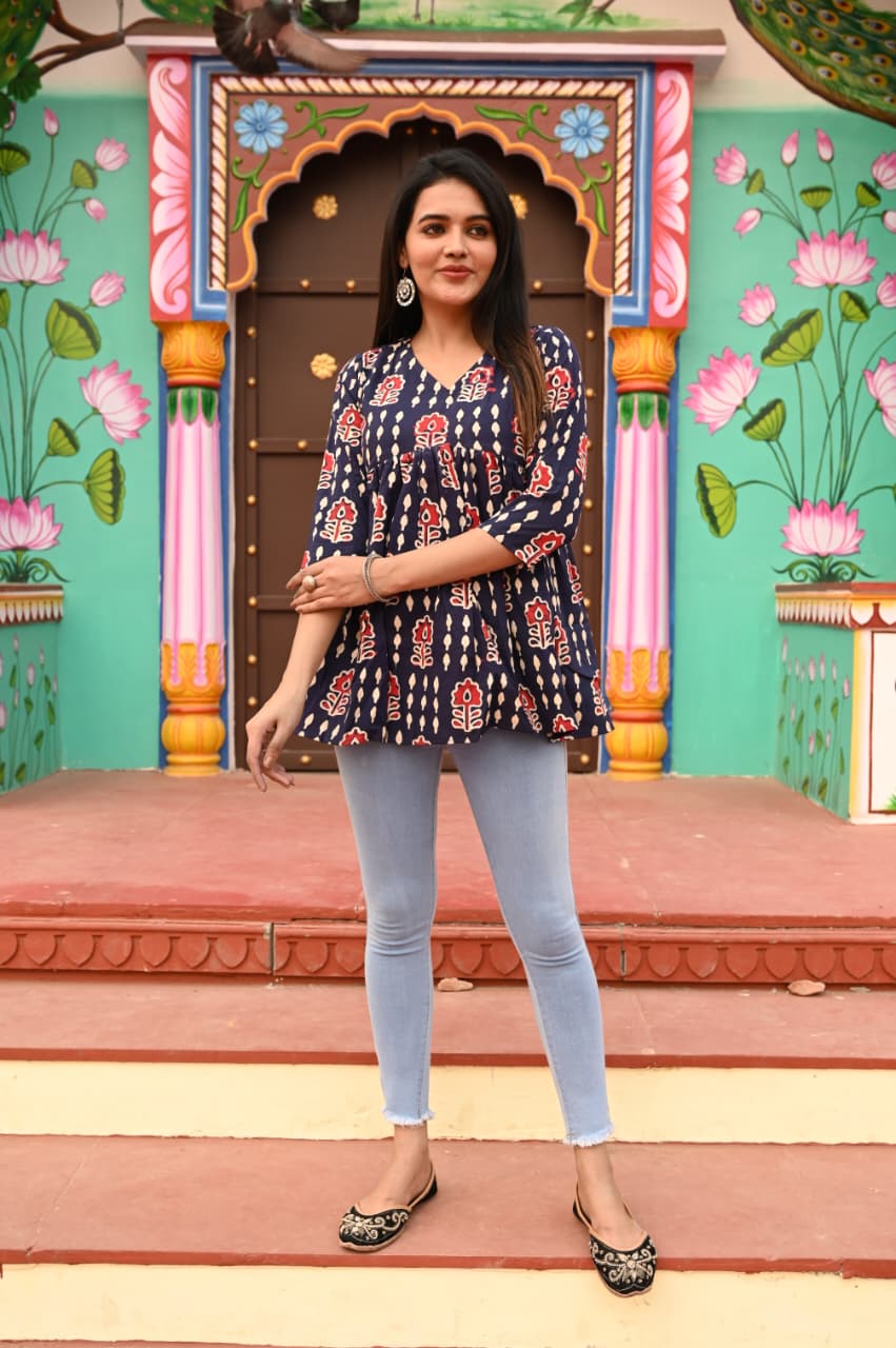 Cotton handblock(Bagru print) peplum top