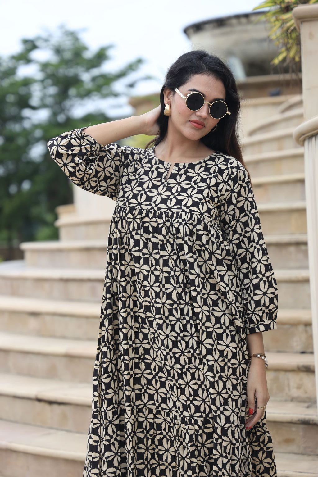 Handblock (Bagru print) Cotton Peplum dress