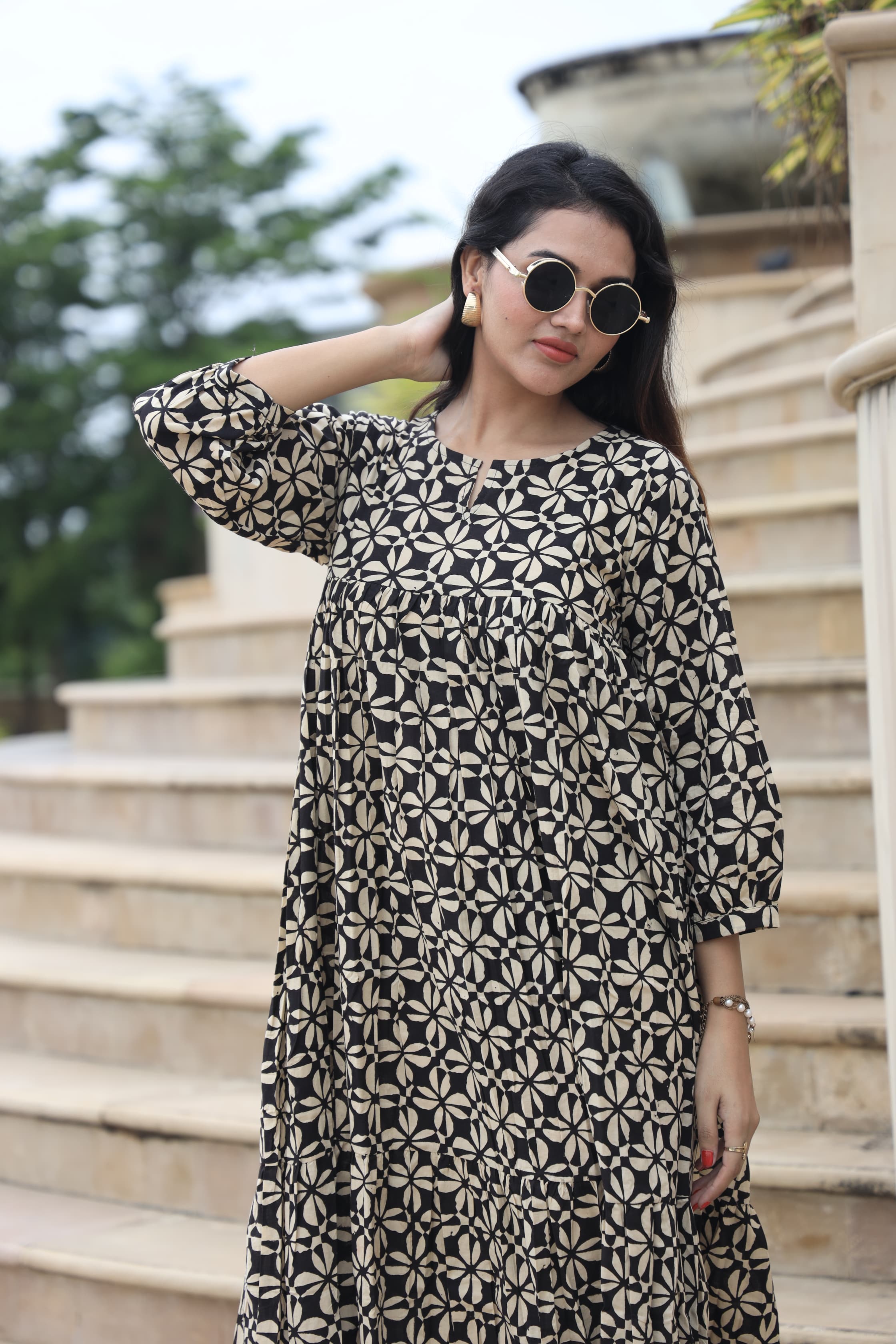 Handblock (Bagru print) Cotton Peplum dress