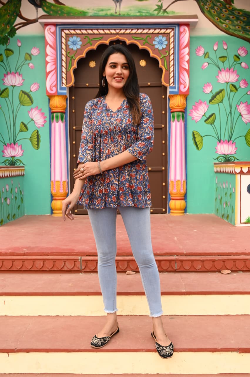 Cotton handblock(Bagru print) peplum top