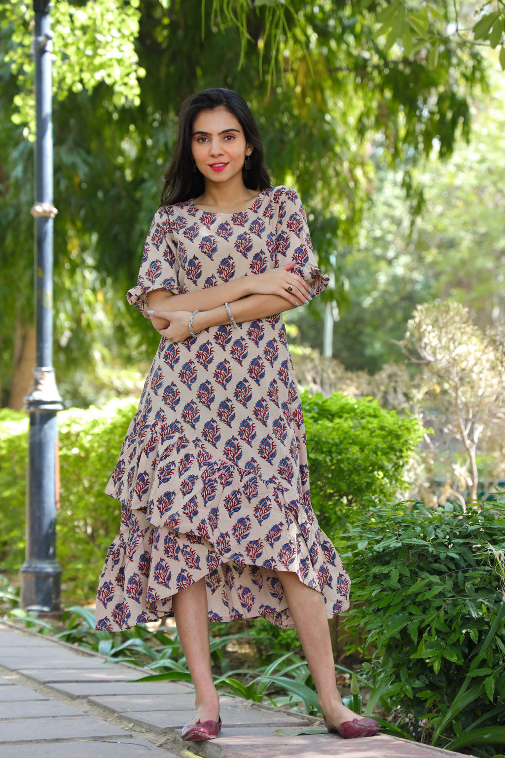 Handblock (Bagru print) Cotton frill dress