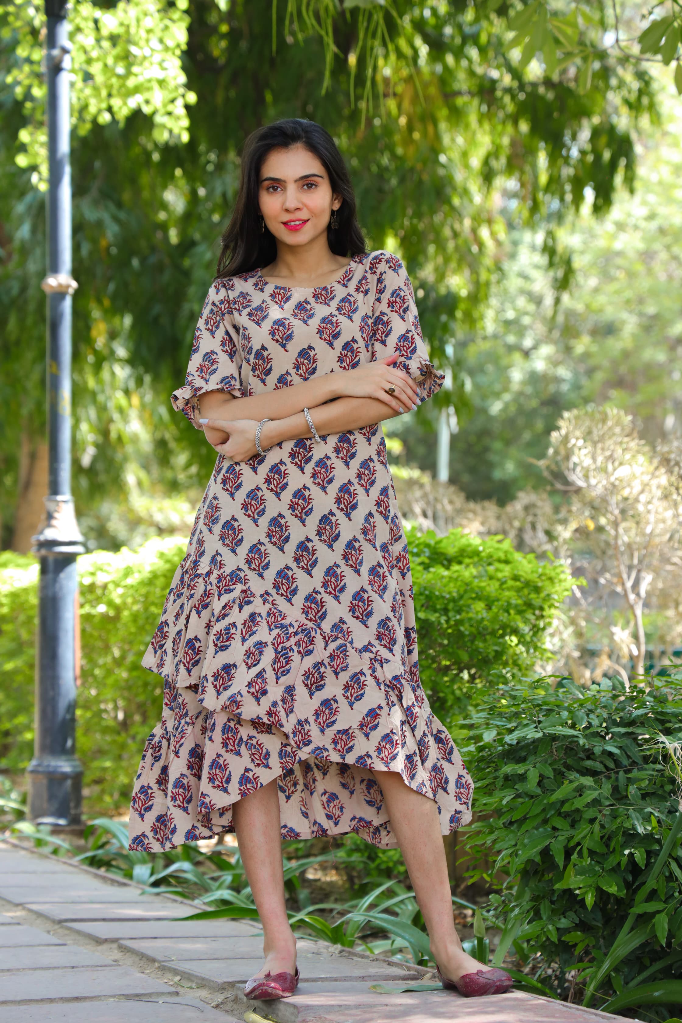 Handblock (Bagru print) Cotton frill dress