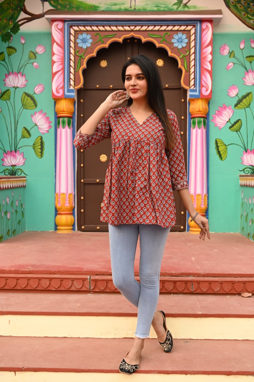 Cotton handblock(Bagru print) peplum top